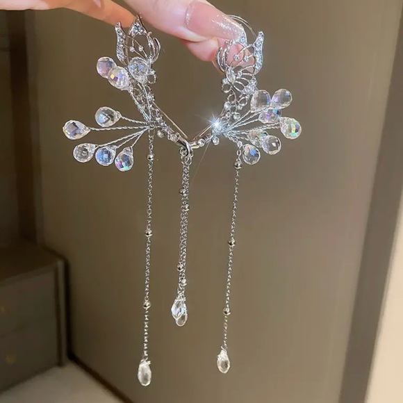 Synthetic Zircon Flower Water Drop Tassel Earrings, Fashion Hanging Ear Clip - Picture 3 of 5